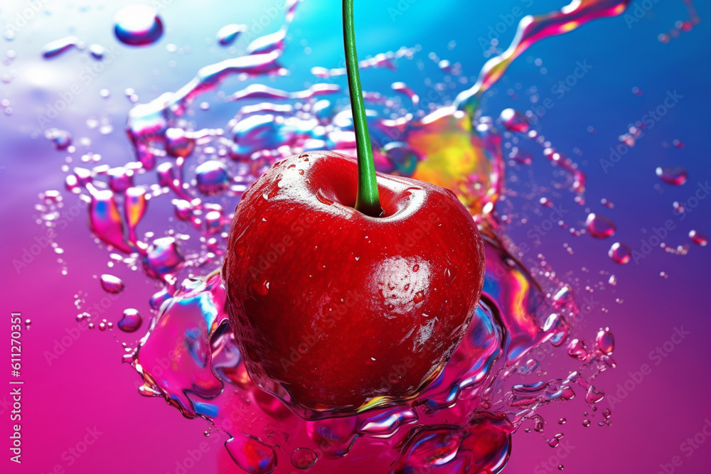 Aufkleber an abstract surreal photograph of a cherry splashed in bright paint, symbolizing freshness and healt