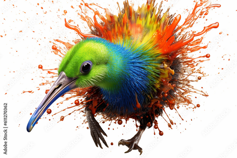 Poster an abstract surreal photograph of a kiwi splashed in bright paint, symbolizing freshness and health.