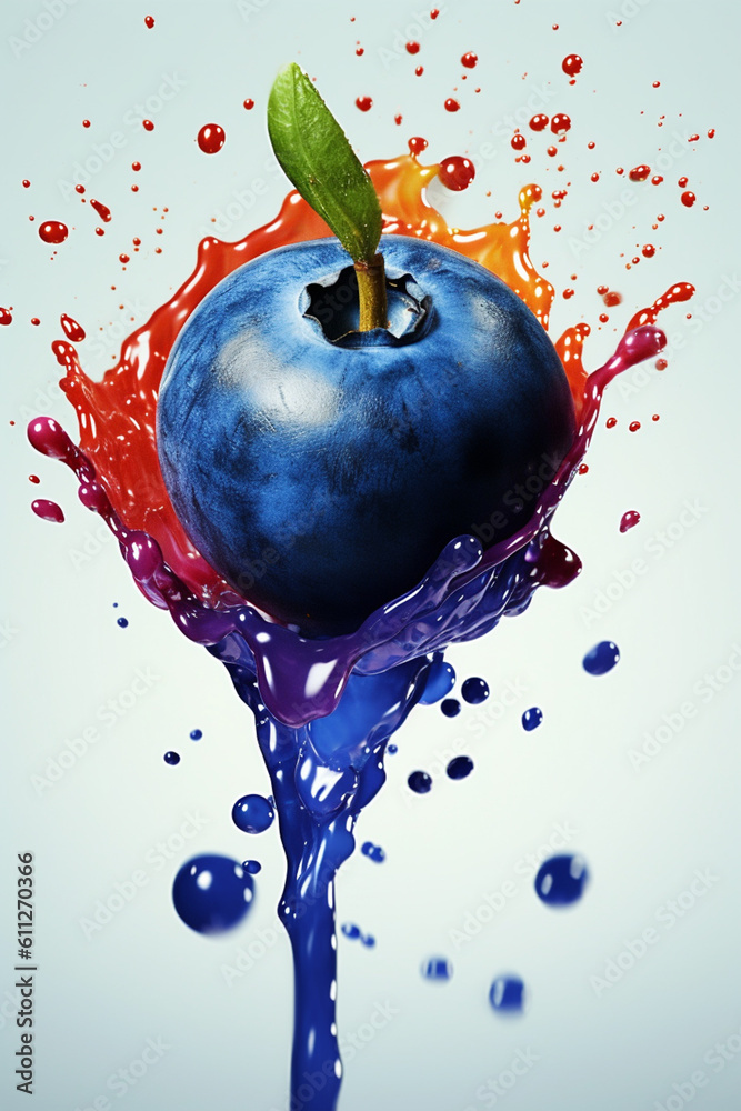 Poster An vibrant image of a Blueberry splashed in bright paint, symbolizing freshness and health.  Generative AI technology.