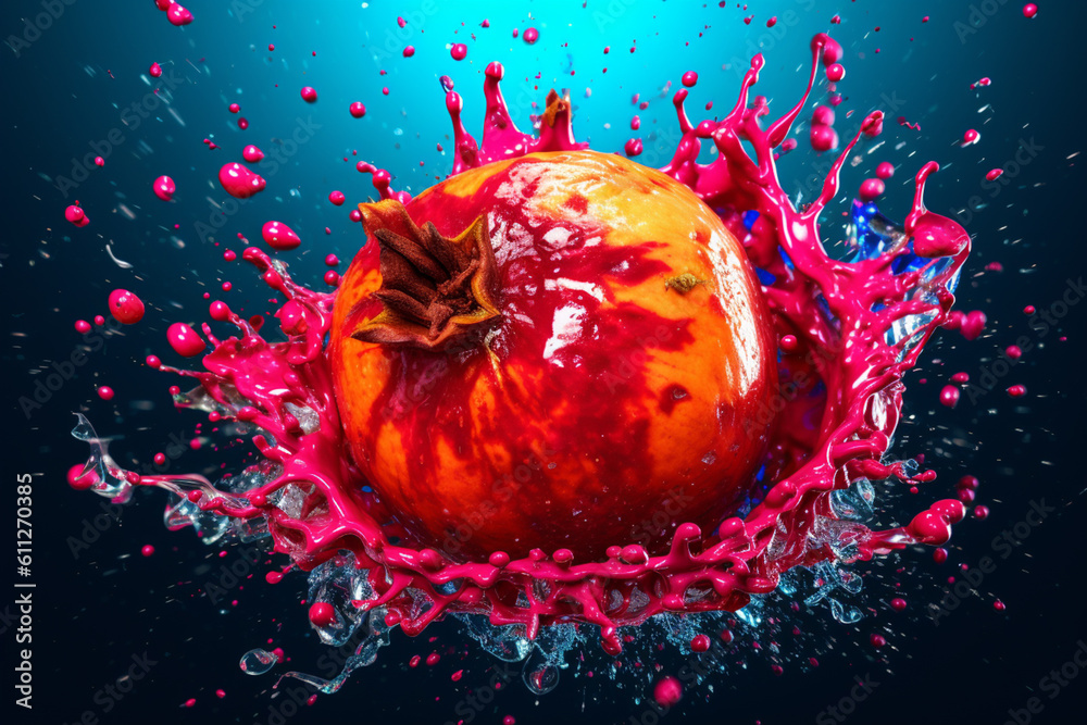 Aufkleber An abstract surreal photograph of a Pomegranate splashed in bright paint, symbolizing freshness and health.  Generative AI technology.