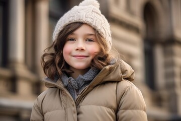 Medium shot portrait photography of a happy kid female wearing a cozy winter coat against a historical monument background. With generative AI technology