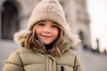 Medium shot portrait photography of a happy kid female wearing a cozy winter coat against a historical monument background. With generative AI technology