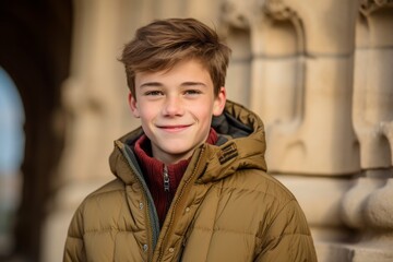 Environmental portrait photography of a happy boy in his 30s wearing a warm parka against a historical monument background. With generative AI technology