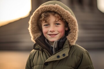 Environmental portrait photography of a happy boy in his 30s wearing a warm parka against a historical monument background. With generative AI technology
