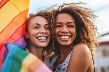 happy young women embracing holding LGBTQ flag. AI Generative