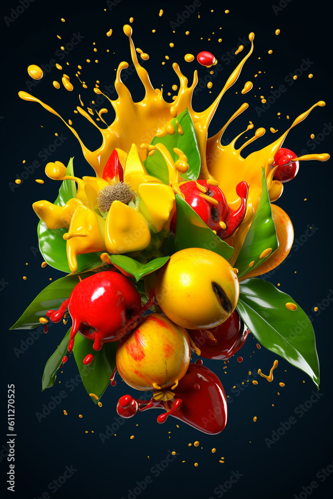 Poster An vibrant image of a Ackee splashed in bright paint, symbolizing freshness and health.  Generative AI technology.