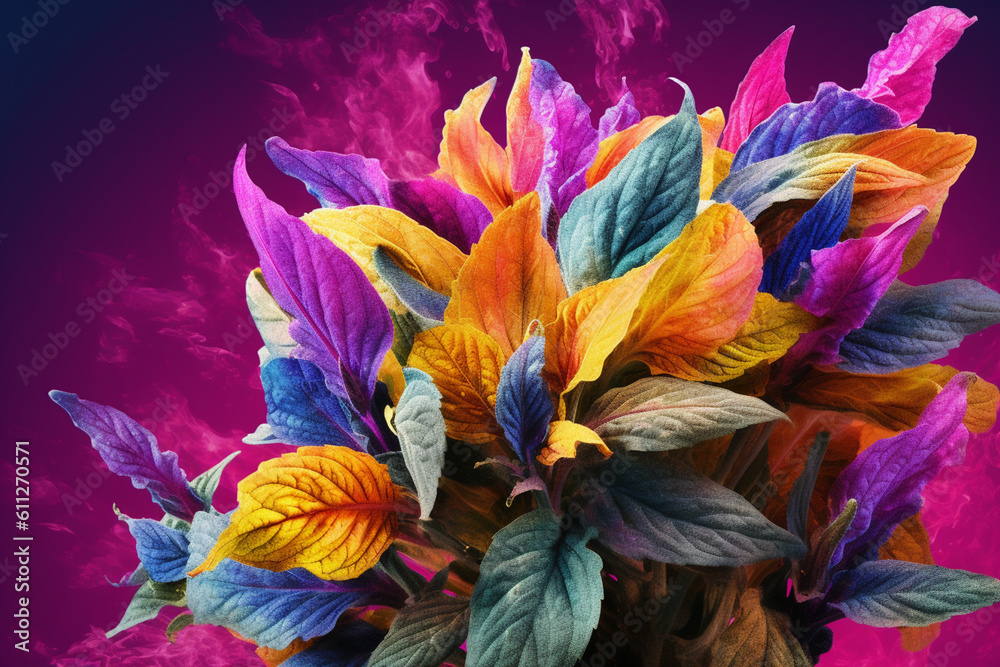 Poster An abstract surreal photograph of a Salvia divinorum (Diviner's Sage) splashed in bright paint,  Generative AI technology.
