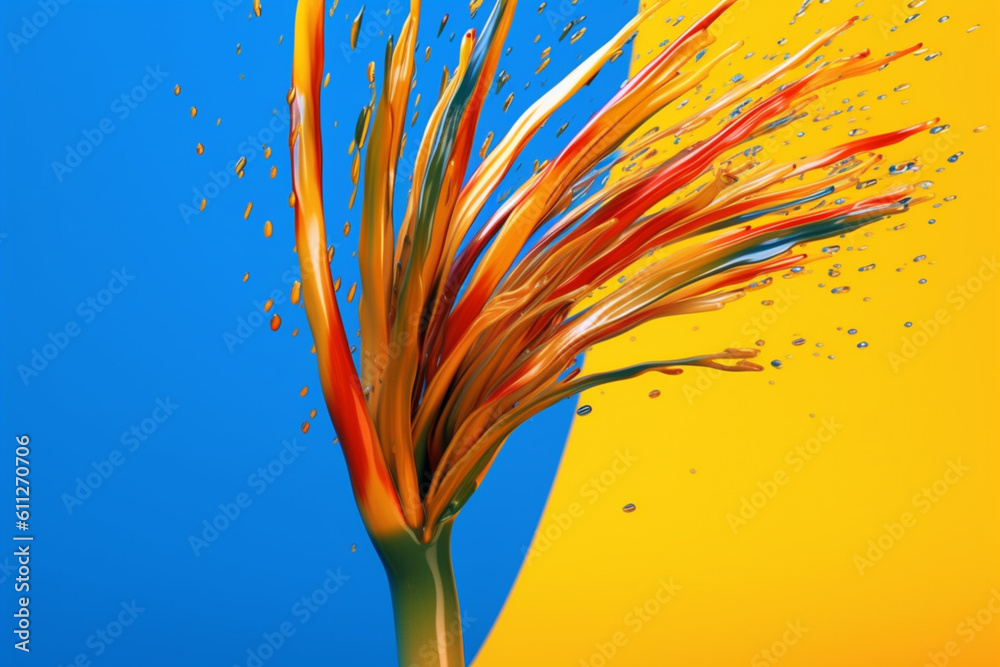 Poster an abstract surreal photograph of a acorus calamus (sweet flag) splashed in bright paint, generative