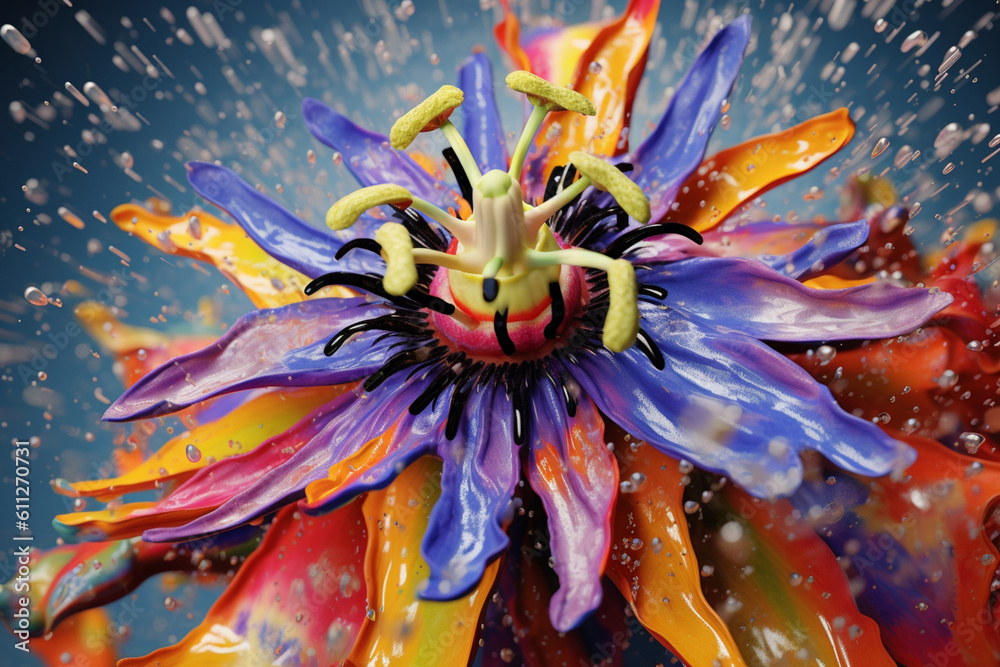 Poster an abstract surreal photograph of apassionflower (passiflora incarnata) splashed in bright paint, ge