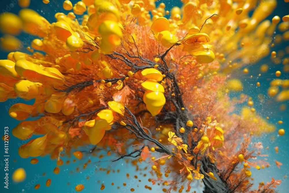 Poster an abstract surreal photograph of a acacia (acacia spp.) splashed in bright paint, generative ai tec