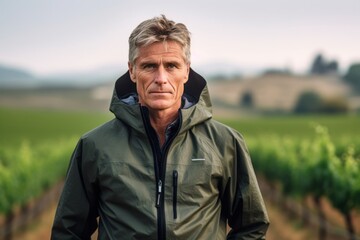 Medium shot portrait photography of a glad mature boy wearing a lightweight windbreaker against a vineyard background. With generative AI technology