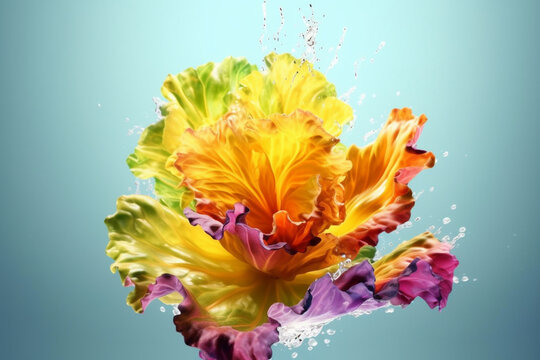 An abstract surreal photograph of a Wild lettuce (Lactuca virosa) splashed in bright paint,  Generative AI technology.