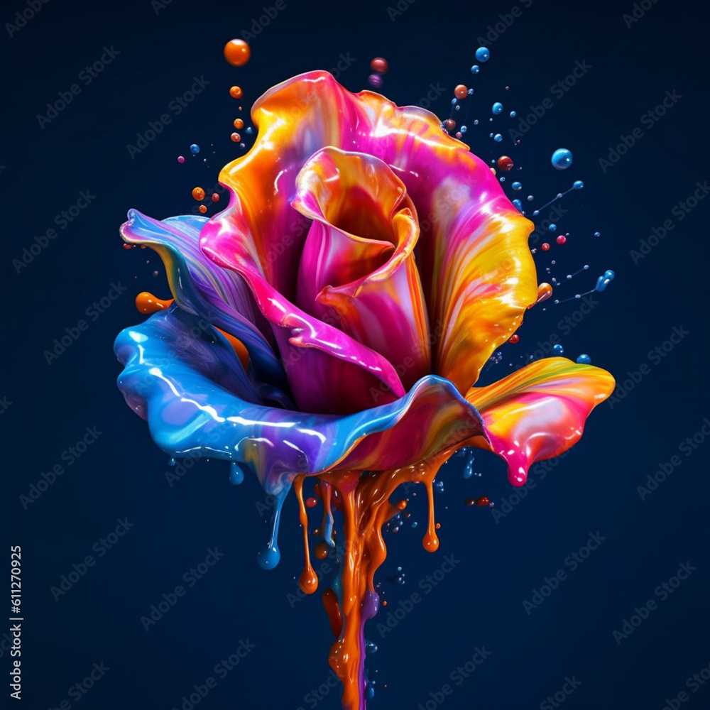 Wall mural an abstract surreal photograph of a rose splashed in bright paint. generative ai technology.