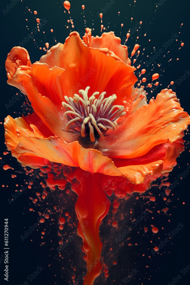 Fototapete an abstract surreal photograph of a poppy splashed in bright paint. generative ai technology.
