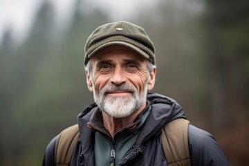 Medium shot portrait photography of a satisfied mature man wearing a cool cap or hat against a foggy forest background. With generative AI technology