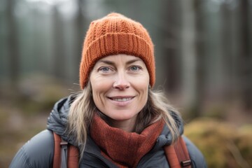 Medium shot portrait photography of a satisfied mature girl wearing a warm beanie or knit hat against a foggy forest background. With generative AI technology