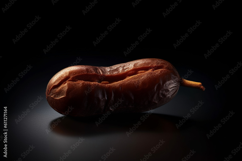 Poster an artistic image of tamarind, showcasing its dark brown, sticky pulp and tangy taste. generative ai
