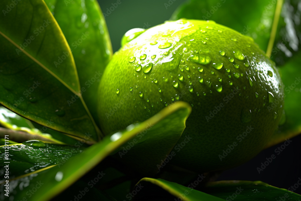 Poster an image capturing lime leaves, showcasing their glossy green appearance and aromatic flavor. genera