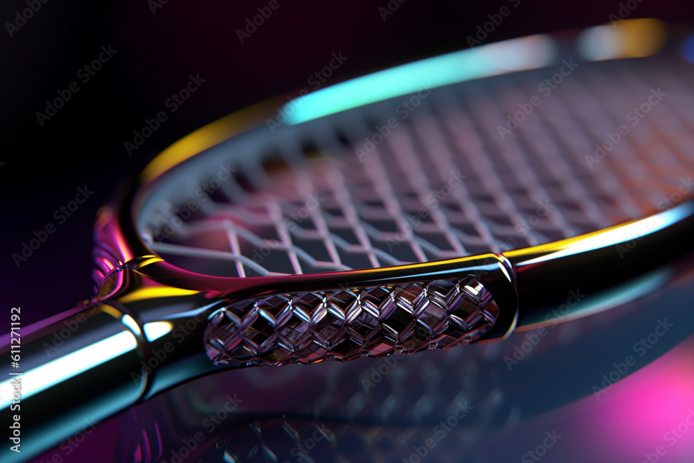 Poster a close-up shot of a badminton racket, featuring its lightweight frame, strings, and grip. generativ