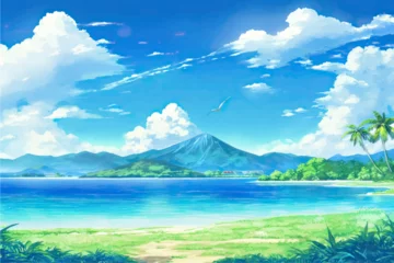 Papier Peint photo Lavable Bleu Tropical summer hawaii landscape in japanese anime style