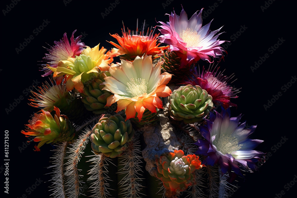 Poster an artistic photo of the peruvian torch cactus (echinopsis peruviana), with its branching stems, spi