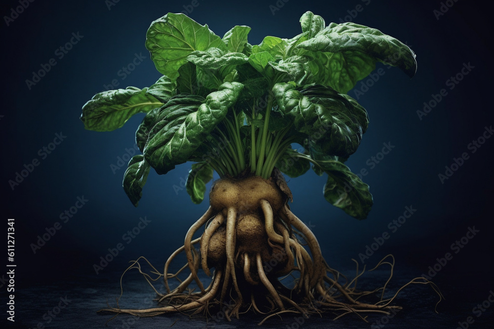 Poster an artistic image of mandrake (mandragora officinarum), with its distinctive root shape, dark green 