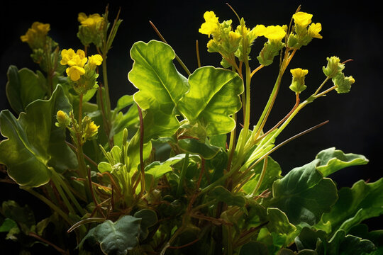 An artistic photo of Wild lettuce (Lactuca virosa), with its tall, leafy stalks, small yellow flowers, and potential sedative and pain-relieving effects.  Generative AI technology.