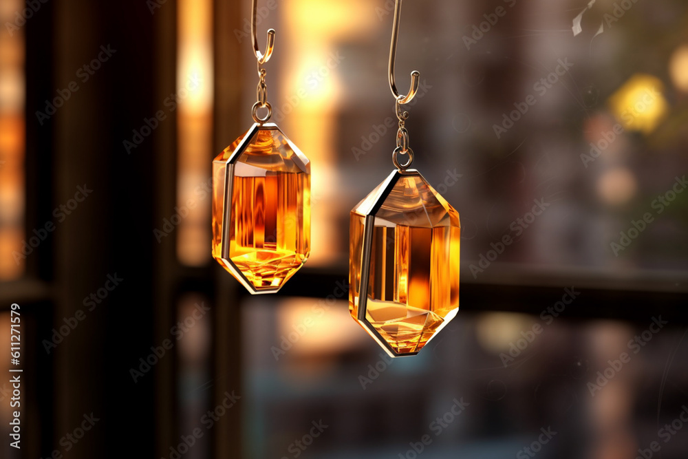 Leinwandbilder an artistic photo of a pair of dangle earrings featuring faceted citrine gemstones, catching the lig