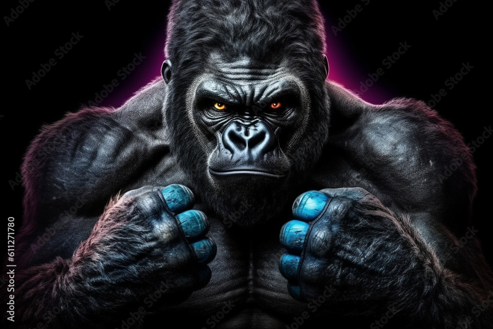 Poster a powerful photograph of a gorilla, portraying its muscular build and intelligent expression. genera