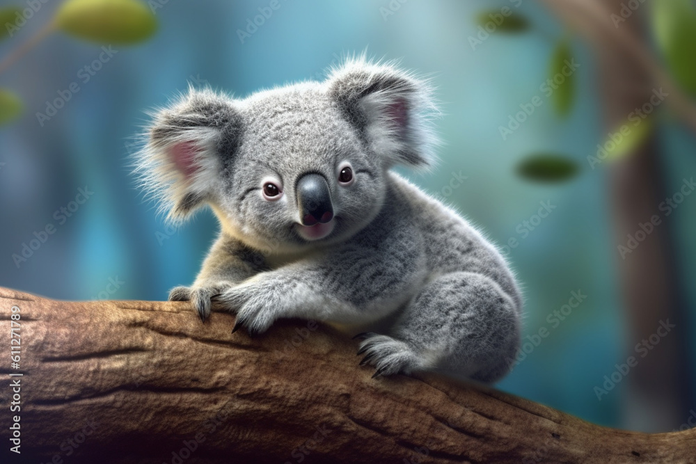 Poster a cute and cuddly koala perched on a tree branch, capturing its fluffy fur and laid-back nature. gen