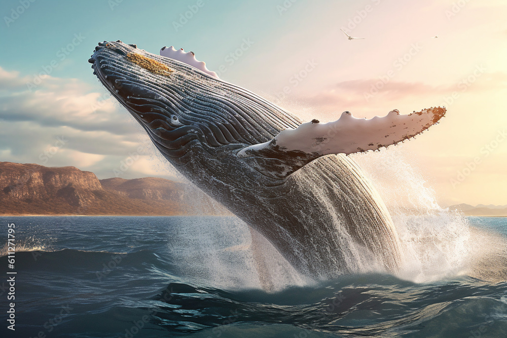Poster a breathtaking image of a whale breaching the surface of the ocean, showcasing its massive size and 