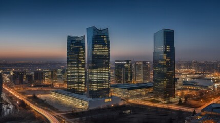 Fototapeta na wymiar Panoramic skyline and modern commercial buildings with empty asphalt road. AI Generative.