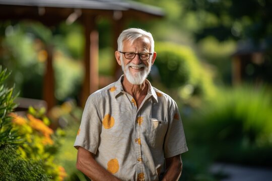 Lifestyle portrait photography of a satisfied old man wearing a casual short-sleeve shirt against a botanical garden background. With generative AI technology
