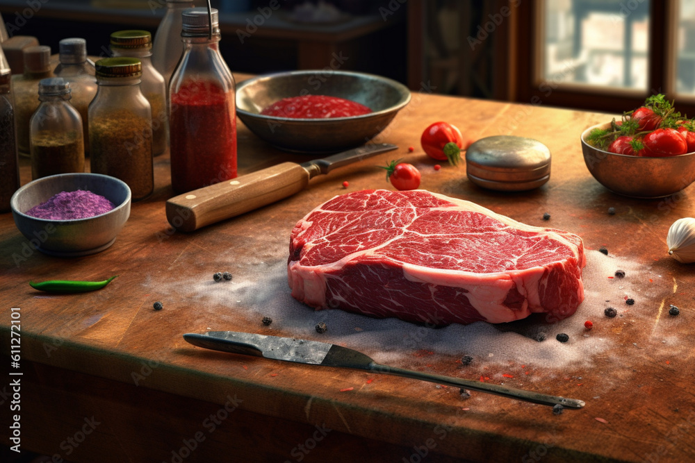 Poster a butcher seasoning and marinating meat, illustrating the flavor-enhancing techniques employed by a 