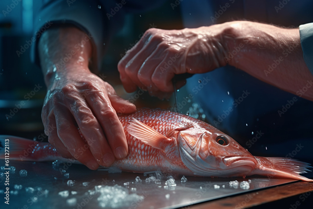 Poster an image of a butcher's hands skillfully deboning a fish, illustrating the expertise and versatility