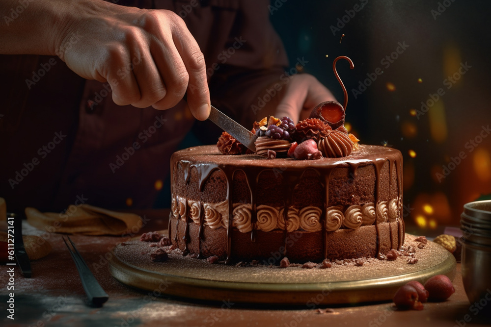Poster  An image of a confectioner expertly layering and assembling a decadent chocolate mousse cake, emphasizing the craftsmanship and attention to detail.  Generative AI technology.