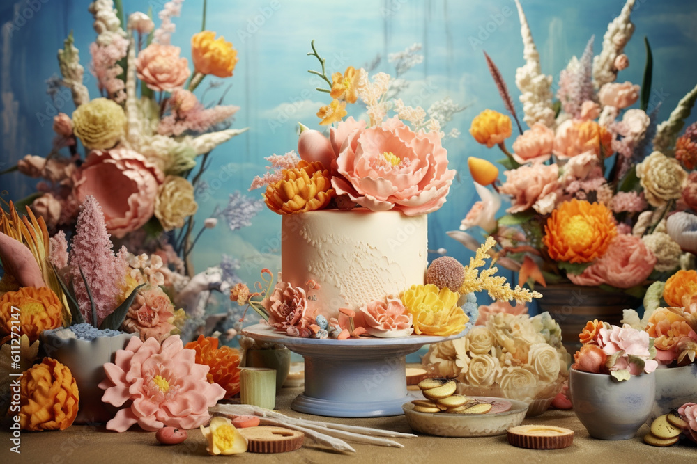 Aufkleber a display of beautifully handcrafted sugar flowers and decorations, showcasing the confectioner's sk