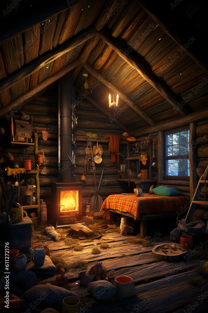 Poster an image of a bandit's hideout, a rustic cabin hidden deep in the mountains, complete with wanted po