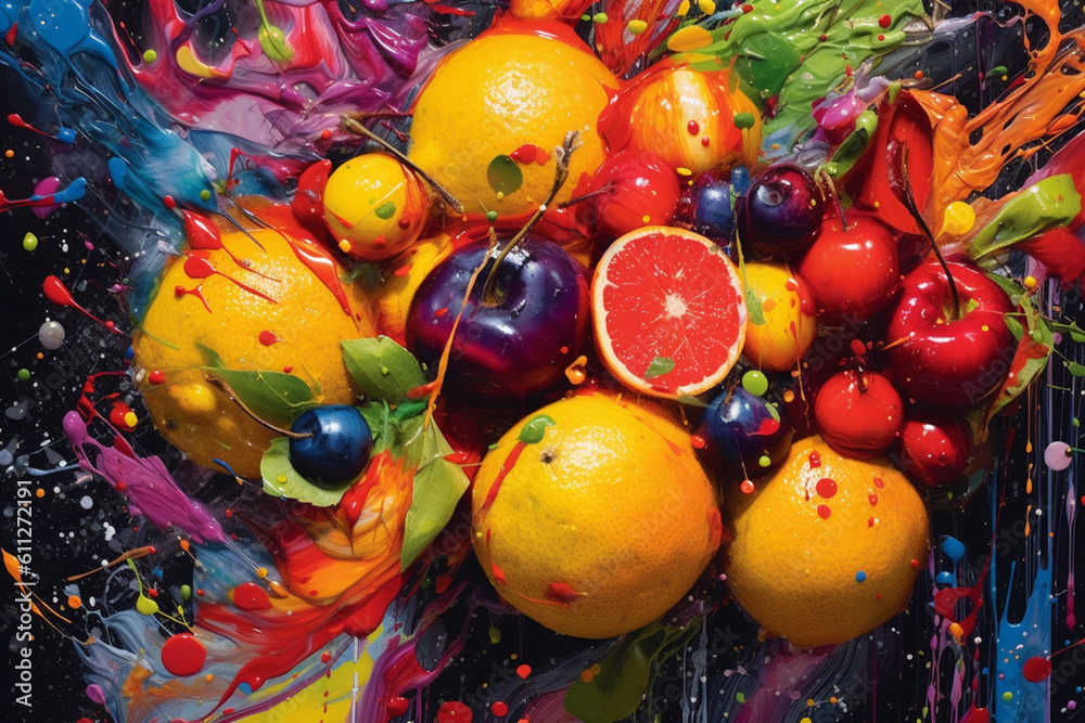 Poster an abstract painting featuring bold, vibrant brushstrokes that resemble the shape and colors of vari
