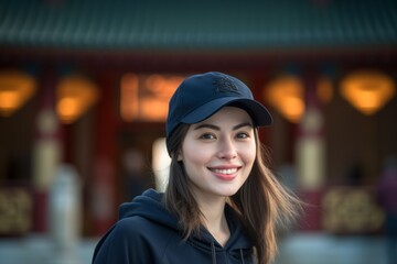 Lifestyle portrait photography of a glad girl in her 30s wearing a cool cap against a traditional asian temple background. With generative AI technology