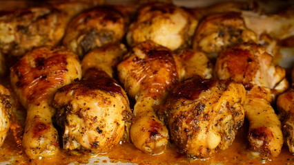 Fry chicken legs in oven close up