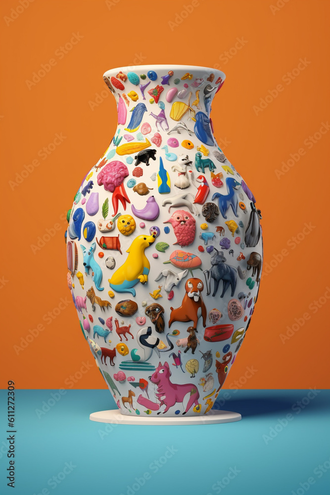 Poster an abstract ceramic vase with whimsical pet-themed illustrations representing different pet professi