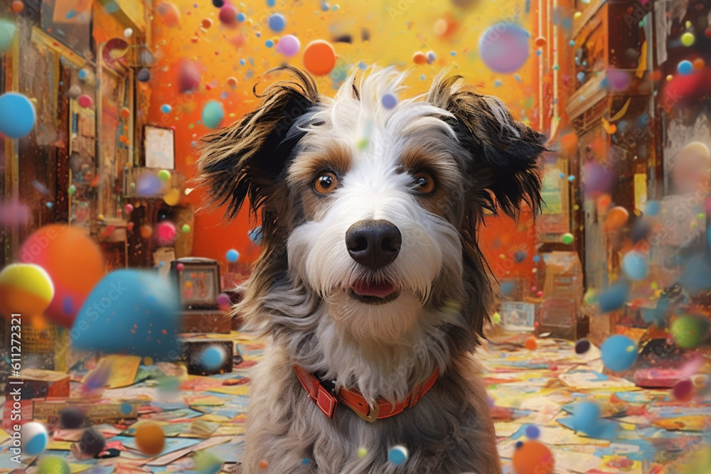 Poster a mixed media artwork combining collage elements and abstract brushstrokes to depict a pet trainer t