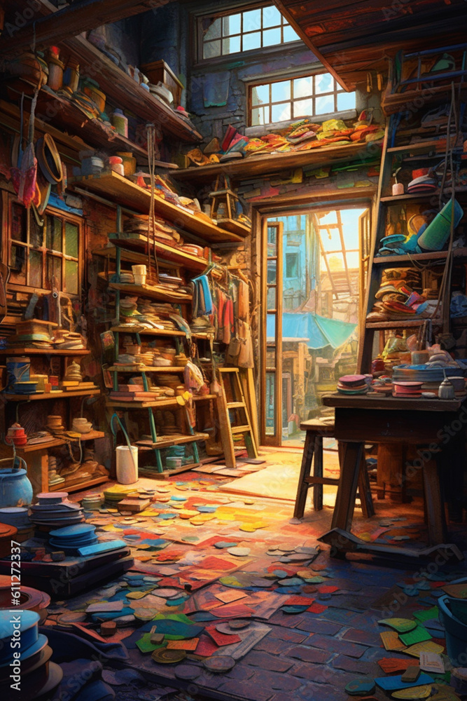 Poster an abstract painting depicting a shoemaker's workshop with vibrant colors and bold brushstrokes, cap