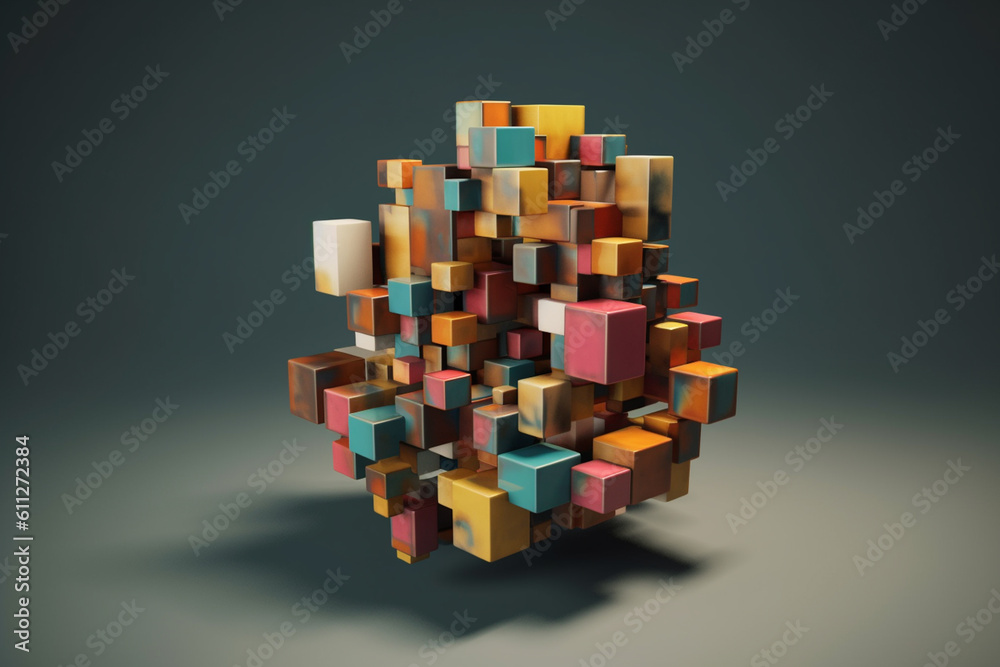 Poster  An abstract geometric sculpture composed of intersecting cubes, with clean lines and contrasting materials, creating a visually dynamic and modern piece.  Generative AI technology.