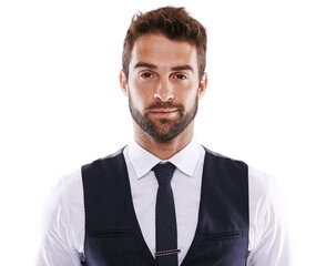 Isolated young business man, portrait and fashion with confidence, handsome and transparent png background. Businessman, entrepreneur or model with professional aesthetic, corporate style and clothes
