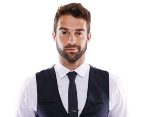 Isolated young business man, portrait and fashion with confidence, handsome and transparent png background. Businessman, entrepreneur or model with professional aesthetic, corporate style and clothes