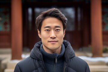 Close-up portrait photography of a satisfied mature boy wearing a cozy winter coat against a traditional asian temple background. With generative AI technology
