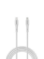 White cable for charging and synchronization with Type - C, USB, Micro USB, Lightning connectors on a white background