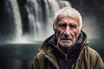 Obraz premium Photography in the style of pensive portraiture of a satisfied old man wearing a comfortable hoodie against a majestic waterfall background. With generative AI technology